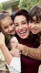 Love, mother and children outdoor with face, happy moment and bonding together on weekend break. Mom, siblings and kids in backyard with laugh, security and family connection in healthy relationship.