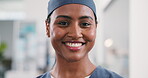 Medical, happy or woman in clinic with face, surgical assistant or confidence in patient care. Smile, portrait or nurse in hospital with pride, wellness specialist or about us in healthcare industry.