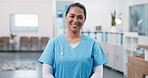 Face, woman and nurse with smile in hospital for career pride, about us and medical service. Portrait, person and job ambition for healthcare assistance, patient care and confidence for wellness