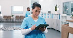Nurse, scroll and woman with tablet for healthcare, update medical records or patient history. Treatment planning, digital tech or physician with telehealth, medicine advice or research in hospital