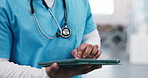 Nurse, hands or research with tablet in clinic for medical appointment, results or schedule. Person, healthcare worker, or scrolling with technology for monitoring tests or health report in hospital
