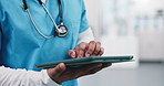 Nurse, hands or research with tablet in hospital for medical appointment, results or schedule. Person, healthcare worker, or scrolling with technology for monitoring clinic tests or health report