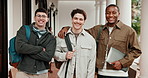 Friends, face and men hug at university for learning, study together and bonding on campus. College, portrait and students with embrace, support and books for education, knowledge and opportunity