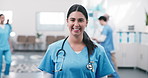 Face, woman and nurse with smile in clinic for career pride, about us and medical service. Portrait, person and job ambition for healthcare assistance, patient care and confidence in hospital