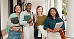 Friends, happy and face of women at university for learning, study together and bonding on campus. College, portrait and students with books, support and smile for education, knowledge or opportunity