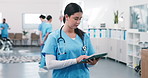 Nurse, woman or typing on tablet for healthcare report, diagnostic review or order lab test. Medical staff, person or digital app for clinical notes, pathology results or schedule CT scan in hospital