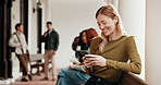 Laugh, student and happy woman with phone for education, academic information or college website. Campus, female person and smile for joke with results, assessment or online for module project