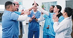 Happy, meeting or medical team with applause in hospital for winning or achievement together. People, healthcare workers or clapping with high five for mission, congratulations or success in clinic