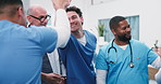 Doctors, nurses and high five in clinic for applause, medical achievement and team support. People, cardiology department and clapping in hospital for collaboration, surgery success and announcement