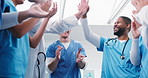 Doctor, meeting or team with high five in hospital for winning, celebration or achievement together. People, healthcare group or applause with smile for mission, congratulations or success in clinic
