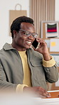 Startup, man or happy with phone call for shipping availability, pricing enquiry or smile for quote. Laugh, black person and contact courier for delivery rate negotiation, route details or logistics