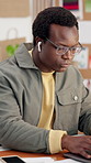 Music, man and laptop in startup for shipping admin, typing waybill and courier portal update. Ecommerce, happy black person and audio tech for delivery scheduling, log inventory or productivity vibe