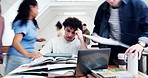 College, headache and man in classroom with rush, peer demand and coursework pressure workload. Overwhelmed, migraine and student with laptop, academic stress and deadline challenge in university.