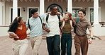 Happy, walking and man with friends at university for education, learning or hangout on break. College, group and students hug for talking, connection or community at campus, school and study outdoor