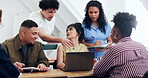 University, discussion and group with laptop, learning and planning for project and study together. College students, talking and happy people with tech, education and exam preparation with research
