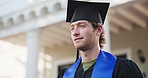 Graduation, thinking and man with smile at university for future aspiration and education goal. Graduate, happy male person and vision for academic milestone, outdoor reflection or honor student