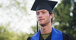 Graduation, vision and man at college outdoor for future aspiration, success and education milestone. Graduate, male person and thinking of academic excellence, reflection and valedictorian student