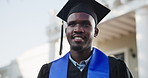Graduation, vision and man at university for future security, reflection or education milestone. Graduate, happy black person and thinking of academic excellence, student and opportunity outdoor