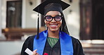 Face, black woman and student with smile for graduation, ceremony and diploma of degree completion. Portrait, happy person and graduate outdoor with regalia, accolade nominee and education milestone