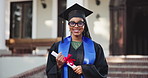 Face, black woman and student at campus for graduation, ceremony and diploma for degree completion. Portrait, happy person and graduate outdoor with regalia, accolade award and education milestone