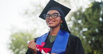 Graduation, thinking and woman with diploma at university campus, future aspiration and education. Graduate, happy black person and vision for academic certificate, outdoor reflection and flare
