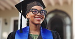 Graduation, think and woman with smile at university for future aspiration and education goal. Graduate, happy black person and vision for academic milestone, outdoor reflection or honor student