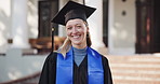 University, woman and laugh with face for graduation, award and milestone for education goals. Portrait, campus and happy student with funny joke, degree and success for achievement and college