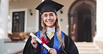 Face, woman and student with diploma at graduation, ceremony and learning for degree completion. Portrait, female person and graduate outdoor with regalia, accolade award and educational milestone