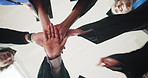 Friends, students and hand stack for graduation ceremony, degree completion or shared achievement. Below, people or celebration huddle on campus for graduate class, qualification or college milestone