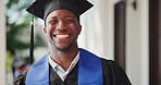 College, degree and black man with face for graduation, award or milestone for education goals. Portrait, campus and happy student with celebration, diploma and success for achievement and university