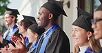 Graduation, man or crowd outdoor with clap, achievement or college celebration at farewell event. Happy, success or students with applause, university milestone or proud moment at diploma ceremony.
