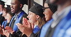 Happy, girl or students applause for graduation ceremony, valedictorian speech or degree completion. Talk, people and clapping at campus event for academic honor, graduate class or collective success