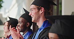 Smile, man or students applause for graduation ceremony, valedictorian speech or degree completion. Pride, class or clapping at campus event for academic honor, college graduate or collective success