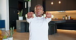 Workout, dumbbells and senior woman in home for muscle growth, longevity and fitness lifestyle. Weightlifting, face or black person with raises for health, strength recovery or exercise in retirement