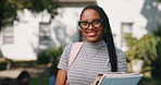 Happy, books and face of woman at college for study opportunity, learning and education. University, portrait and African person for development, knowledge and textbook for scholarship on campus