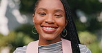 Student, backpack and face of black woman at college for study opportunity, learning or education. University, portrait and happy person for development, knowledge and smile for scholarship on campus