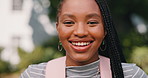 Laugh, backpack and face of woman at college for study opportunity, learning and education. University, portrait and African person for development, knowledge and excited for scholarship on campus