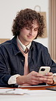 Texting, man or phone in small business for logistics, chat or driver manifest for delivery schedule. Clipboard, employee and mobile app in shipping for route search, verify waybill or supplier email
