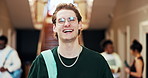 Education, smile and face with man in college for support, learning and scholarship opportunity. Happy, university student and laughing with man on campus for knowledge, academy and degree goal