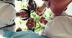 Support, friends or nursing student outdoor with huddle, bonding or motivation in medical education. Below, interns or happy people with embrace, group unity or encouragement in healthcare residency.