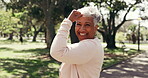 Woman, face and flexing for fitness outdoor with happiness, health and wellness with muscle in park. Mature, person and champion with strong bicep, laughing and portrait for exercise lifestyle