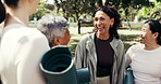 Outdoor, friends and women laugh with yoga mat, funny joke or talking on break for active lifestyle. Fitness class, mature people and conversation at park together, humor or share story for wellness