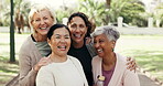 Fitness, laugh or friends in park with face, wellness connection or bonding in workout hobby. Love, portrait or mature women with happy moment, exercise together or keeping fit in outdoor activity.