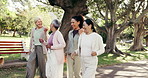 Fitness, bonding or friends in nature with walk, wellness connection or gossip in workout hobby. Talking, laugh or mature women with happy moment, exercise together or keeping fit in outdoor activity