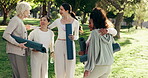 Fitness, personal trainer and hug with old people in park for yoga class, wellness and lesson. Healing session, greeting and instructor with group of women outdoor for holistic health and peace
