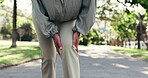 Fitness, hands or woman in park with knee pain, muscle tension or overexertion with burnout. Person, runner or outdoor with leg injury from training fatigue, exercise stress and massage for relief