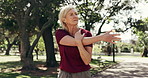 Woman, stretching and exercise in park with thinking, reflection and wellness with warm up outdoor. Mature, person and prepare for workout in nature, fitness mindset and health with active lifestyle