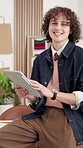 Face, happy man and tablet in small business for shipping invoice, fleet tracking or about us. Laughing, owner and tech in supply chain for shipment status, digital receipt and bill of lading review