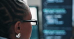 Woman, glasses and screen of computer for programming, script and update firewall for cybersecurity. African person, eyewear or 404 in office with pc, debugging system and testing for data protection