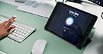 Programmer, hand or tablet screen with keyboard, typing code or software development for chatbot. Tech, woman or developer in office with ai token, neural network training or communication simulation